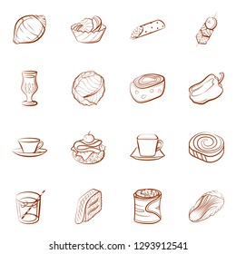 Drinks, Snacks and Vegetables set. Background for printing, design, web. Usable as icons. Binary color.