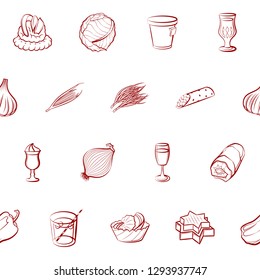 Drinks, Snacks and Vegetables set. Background for printing, design, web. Usable as icons. Seamless. Binary color.