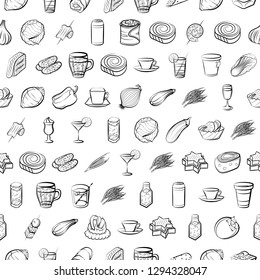 Drinks, Snacks and Vegetables set. Background for printing, design, web. Usable as icons. Seamless. Monochrome binary, black and white.