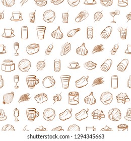 Drinks, Snacks and Vegetables set. Background for printing, design, web. Usable as icons. Seamless. Binary color.