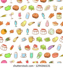 Drinks, Snacks and Vegetables set. Background for printing, design, web. Usable as icons. Seamless. Colored.