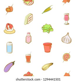 Drinks, Snacks and Vegetables set. Background for printing, design, web. Usable as icons. Seamless. Colored.