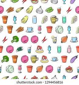 Drinks, Snacks and Vegetables set. Background for printing, design, web. Usable as icons. Seamless. Colored.
