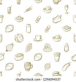 Drinks, Snacks and Vegetables set. Background for printing, design, web. Usable as icons. Seamless. Binary color.