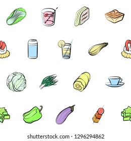 Drinks, Snacks and Vegetables set. Background for printing, design, web. Usable as icons. Seamless. Colored.