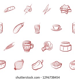 Drinks, Snacks and Vegetables set. Background for printing, design, web. Usable as icons. Seamless. Binary color.