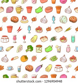 Drinks, Snacks and Vegetables set. Background for printing, design, web. Usable as icons. Seamless. Colored.