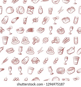 Drinks, Snacks and Vegetables set. Background for printing, design, web. Usable as icons. Seamless. Binary color.