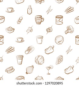 Drinks, Snacks and Vegetables set. Background for printing, design, web. Usable as icons. Seamless. Binary color.