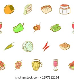 Drinks, Snacks and Vegetables set. Background for printing, design, web. Usable as icons. Seamless. Colored.