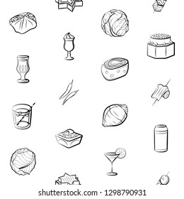 Drinks, Snacks and Vegetables set. Background for printing, design, web. Usable as icons. Seamless. Monochrome binary, black and white.