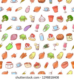 Drinks, Snacks and Vegetables set. Background for printing, design, web. Usable as icons. Seamless. Colored.