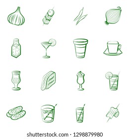 Drinks, Snacks and Vegetables set. Background for printing, design, web. Usable as icons. Binary color.