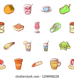 Drinks, Snacks and Vegetables set. Background for printing, design, web. Usable as icons. Seamless. Colored.