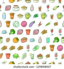 Drinks, Snacks and Vegetables set. Background for printing, design, web. Usable as icons. Seamless. Colored.