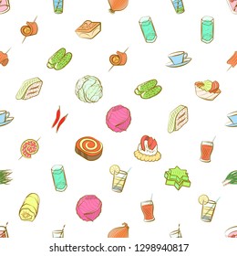 Drinks, Snacks and Vegetables set. Background for printing, design, web. Usable as icons. Seamless. Colored.
