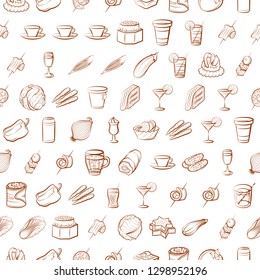 Drinks, Snacks and Vegetables set. Background for printing, design, web. Usable as icons. Seamless. Binary color.