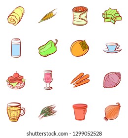 Drinks, Snacks and Vegetables set. Background for printing, design, web. Usable as icons. Colored.