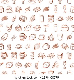 Drinks, Snacks and Vegetables set. Background for printing, design, web. Usable as icons. Seamless. Binary color.
