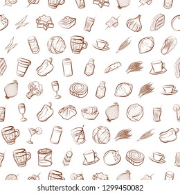 Drinks, Snacks and Vegetables set. Background for printing, design, web. Usable as icons. Seamless. Binary color.