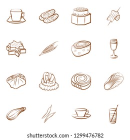 Drinks, Snacks and Vegetables set. Background for printing, design, web. Usable as icons. Binary color.
