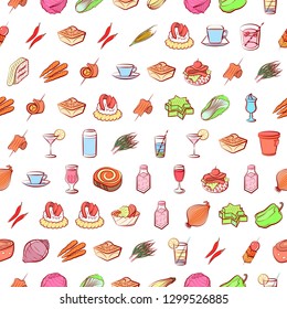 Drinks, Snacks and Vegetables set. Background for printing, design, web. Usable as icons. Seamless. Colored.