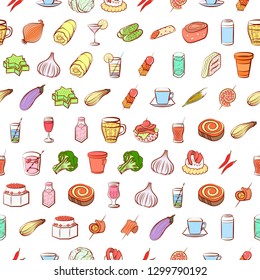 Drinks, Snacks and Vegetables set. Background for printing, design, web. Usable as icons. Seamless. Colored.