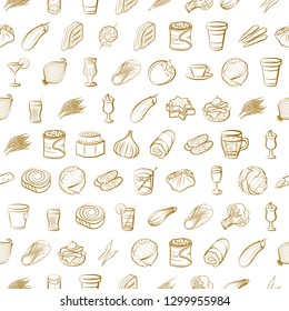 Drinks, Snacks and Vegetables set. Background for printing, design, web. Usable as icons. Seamless. Binary color.