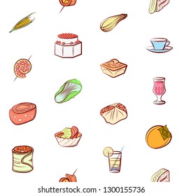 Drinks, Snacks and Vegetables set. Background for printing, design, web. Usable as icons. Seamless. Colored.