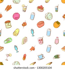 Drinks, Snacks and Vegetables set. Background for printing, design, web. Usable as icons. Seamless. Colored.