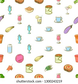 Drinks, Snacks and Vegetables set. Background for printing, design, web. Usable as icons. Seamless. Colored.