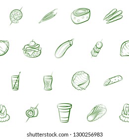 Drinks, Snacks and Vegetables set. Background for printing, design, web. Usable as icons. Seamless. Binary color.