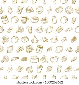 Drinks, Snacks and Vegetables set. Background for printing, design, web. Usable as icons. Seamless. Binary color.