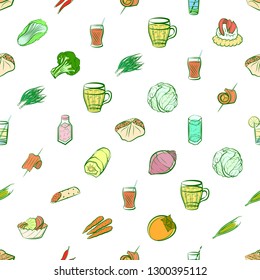 Drinks, Snacks and Vegetables set. Background for printing, design, web. Usable as icons. Seamless. Colored.