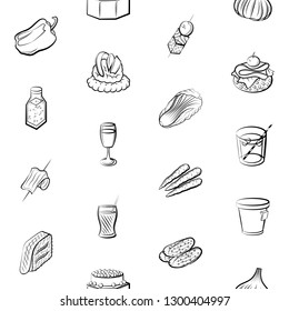 Drinks, Snacks and Vegetables set. Background for printing, design, web. Usable as icons. Seamless. Monochrome binary, black and white.