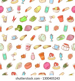 Drinks, Snacks and Vegetables set. Background for printing, design, web. Usable as icons. Seamless. Colored.