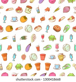 Drinks, Snacks and Vegetables set. Background for printing, design, web. Usable as icons. Seamless. Colored.