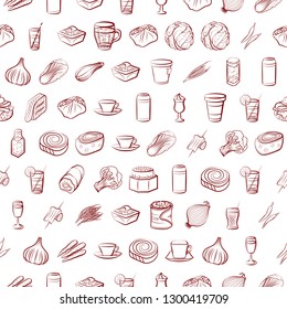 Drinks, Snacks and Vegetables set. Background for printing, design, web. Usable as icons. Seamless. Binary color.