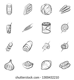 Drinks, Snacks and Vegetables set. Background for printing, design, web. Usable as icons. Monochrome binary, black and white.