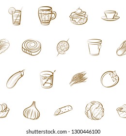 Drinks, Snacks and Vegetables set. Background for printing, design, web. Usable as icons. Seamless. Binary color.