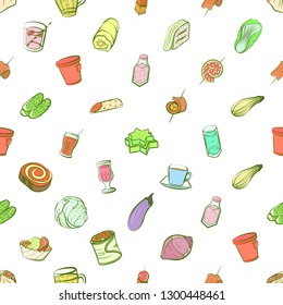 Drinks, Snacks and Vegetables set. Background for printing, design, web. Usable as icons. Seamless. Colored.