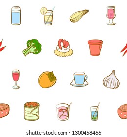 Drinks, Snacks and Vegetables set. Background for printing, design, web. Usable as icons. Seamless. Colored.