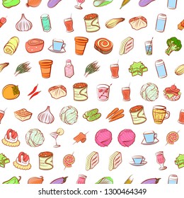 Drinks, Snacks and Vegetables set. Background for printing, design, web. Usable as icons. Seamless. Colored.