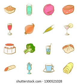 Drinks, Snacks and Vegetables set. Background for printing, design, web. Usable as icons. Colored.