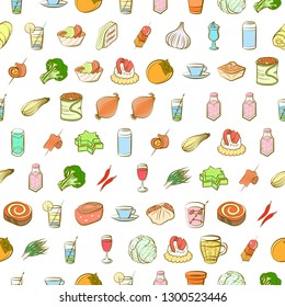 Drinks, Snacks and Vegetables set. Background for printing, design, web. Usable as icons. Seamless. Colored.