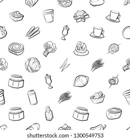 Drinks, Snacks and Vegetables set. Background for printing, design, web. Usable as icons. Seamless. Monochrome binary, black and white.