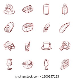 Drinks, Snacks and Vegetables set. Background for printing, design, web. Usable as icons. Binary color.