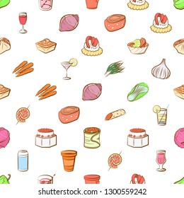 Drinks, Snacks and Vegetables set. Background for printing, design, web. Usable as icons. Seamless. Colored.