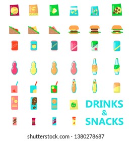 Drinks and snacks, vending machine product icon set. Vector flat isolated illustration. Fast food, chips, nuts, cracker,cookies, juice, cola, soda etc. Snack food and cold beverages in packaging.