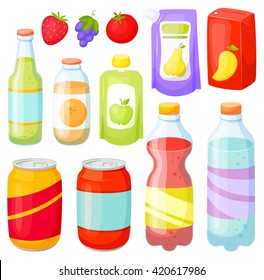 Drinks and soda bottle set. Beverage packaging:  plastic ans glass, cans, doy pack, jars, box. Cola, water, juice, soft. 